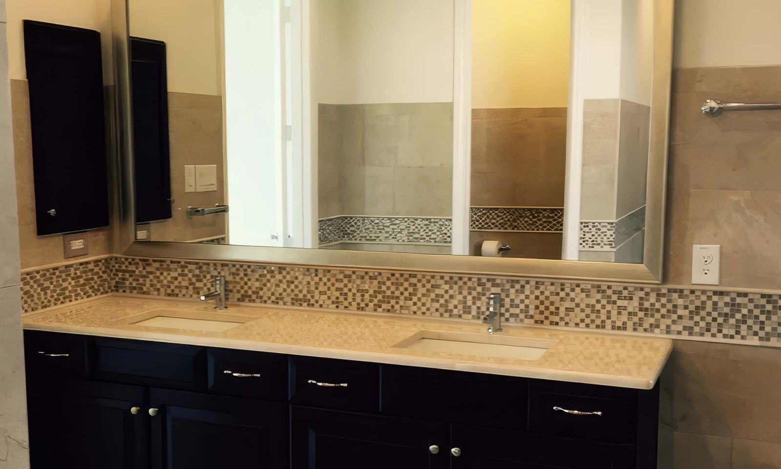 Double vanity with mosaic tile backsplash and dark cabinetry