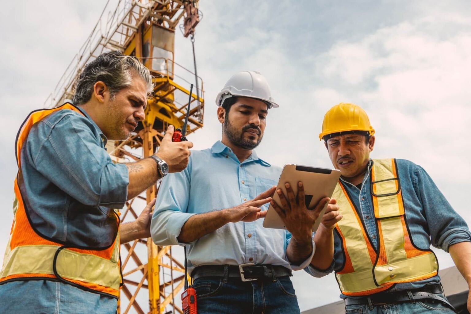 Crew reviewing plans on site